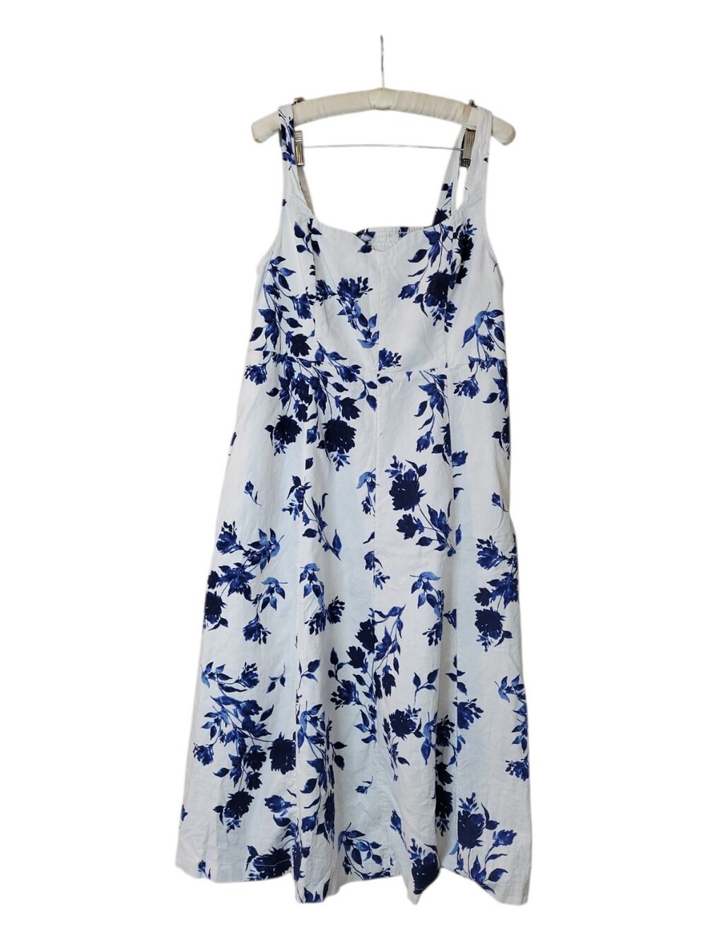 Beautiful Floral Sleeveless Linen Blend Midi Dress Smocked Back XL